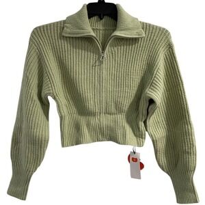 CIDER‎ Women's Light Green Ribbed Knit Cropped Zip Up Sweater Size S